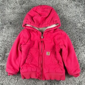 Carhartt Canvas Hooded Jacket Kids 18M Pink Sherpa Lined Active Zip Up Coat